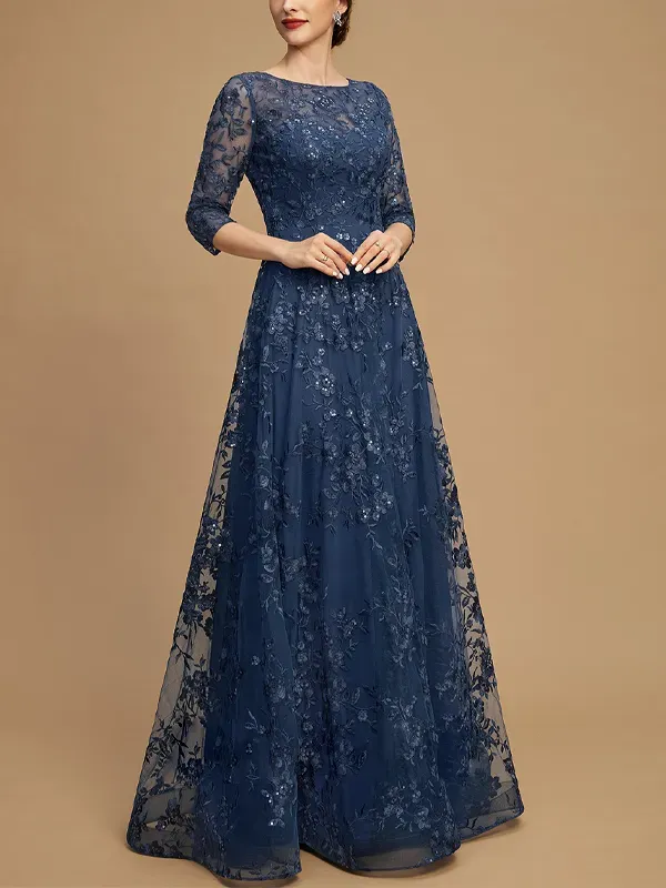 Round Neck Lace Long Sleeve Solid Color Maxi Dress