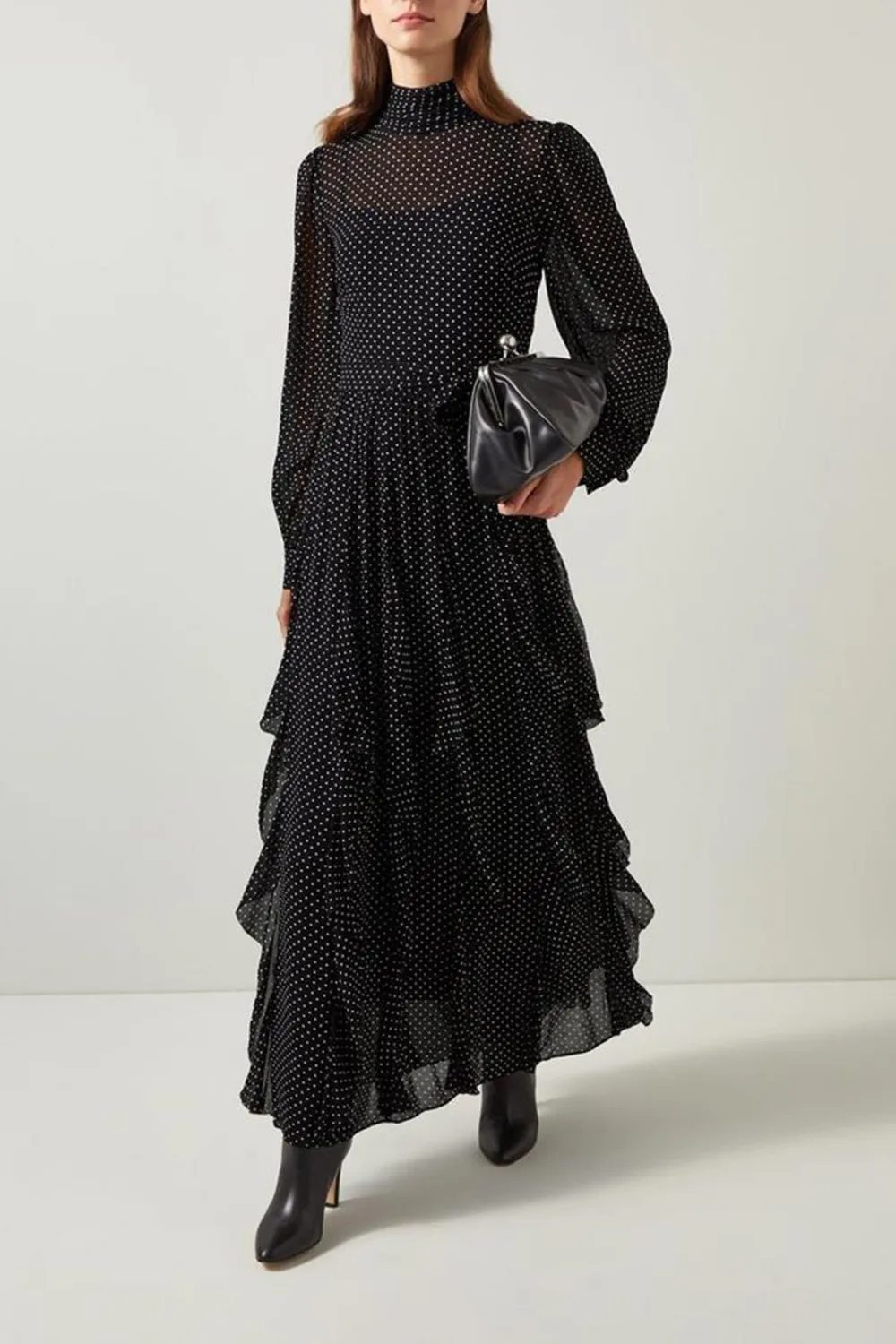 Black Polka Dot Ruffled Maxi Dress