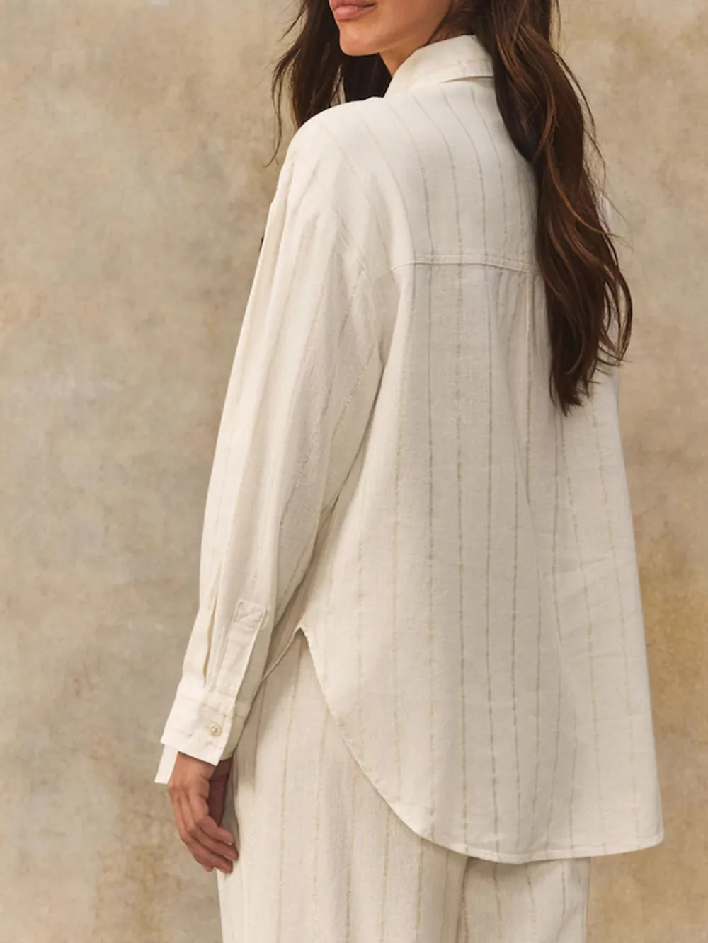 Metallic Long-Sleeve Striped Shirt Paired With Linen