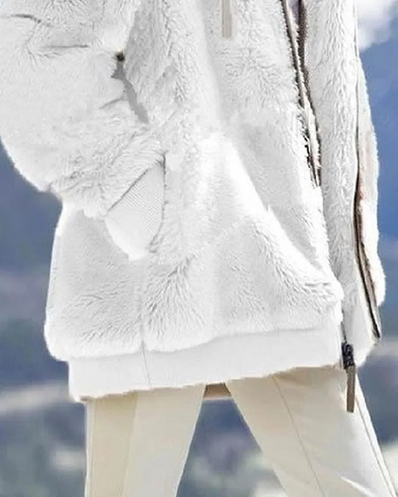 Long Sleeve Fuzzy Hooded Zip Up Teddy Coat
