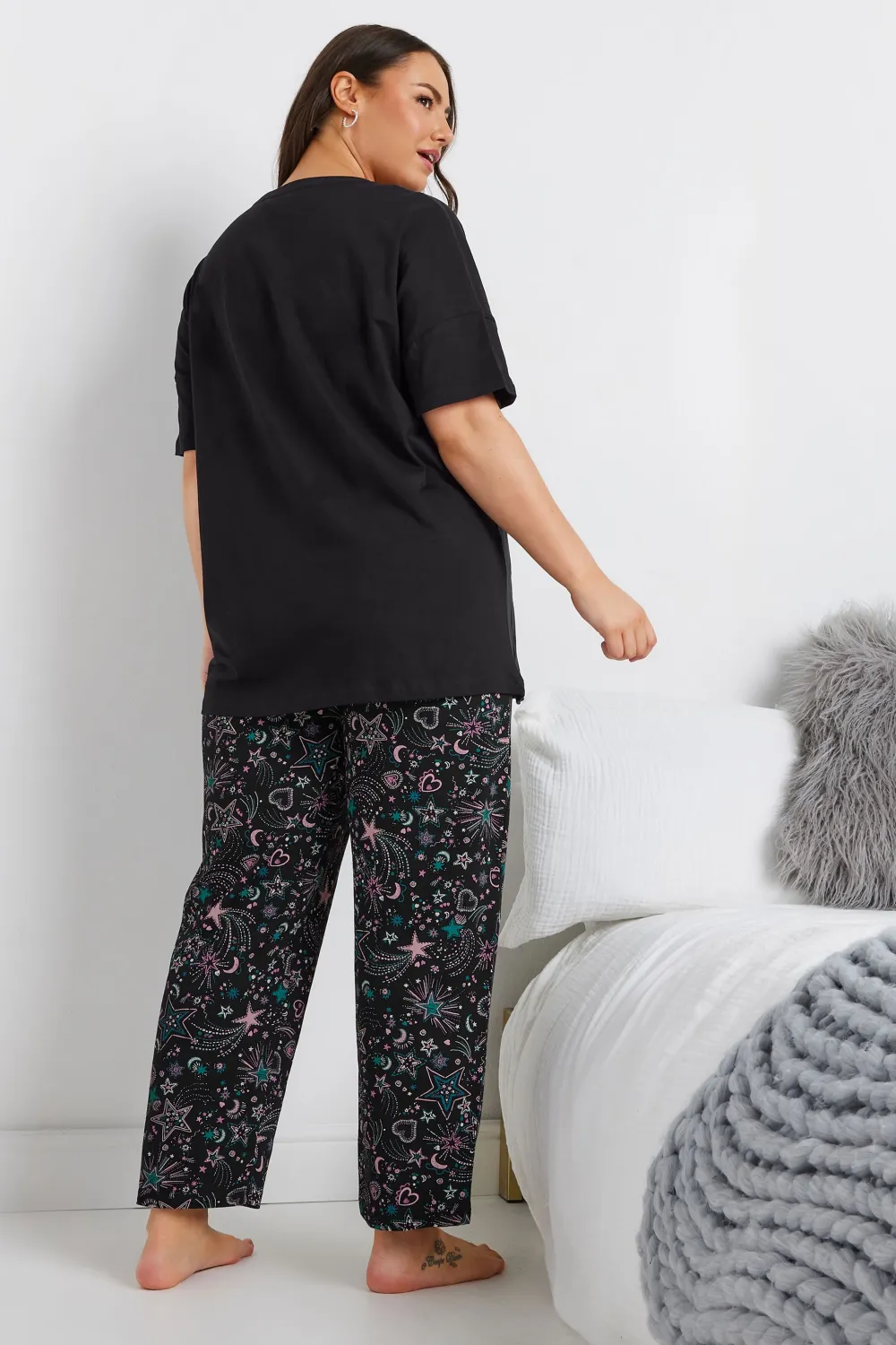 YOURS Curve Black 'Shine Bright' Wide Leg Pyjama Set