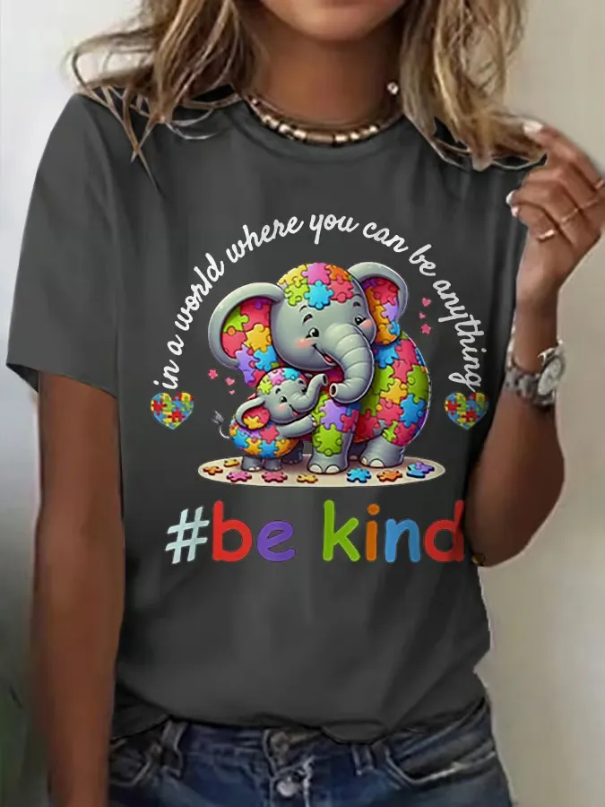 Women'S Retro Be Kind Autism Awareness Elephant Print Round Neck T-Shirt