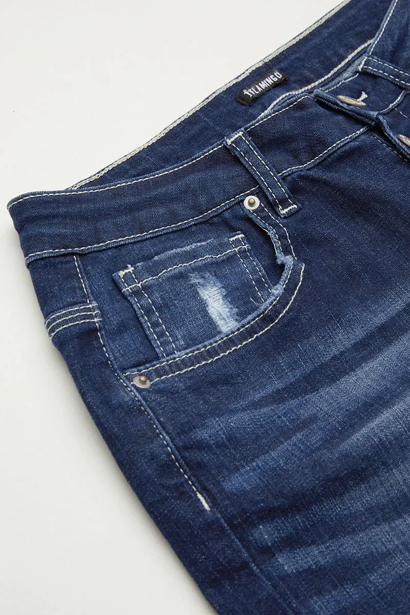 Multi Button Distressed Roll Up Hem Mid Waist Skinny Jeans