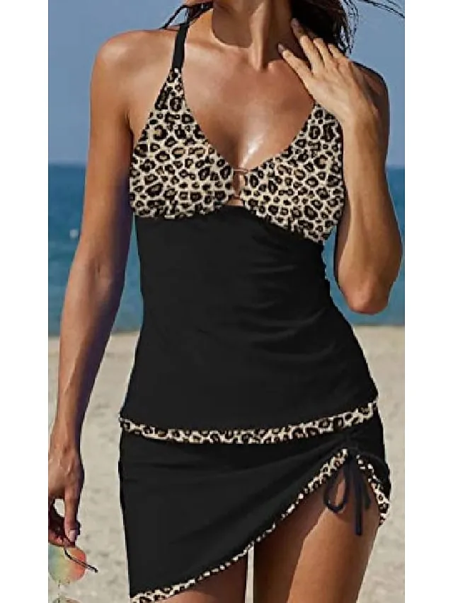 Women's Swimwear Tankini 2 Piece Normal Swimsuit 2 Piece Printing Graphic Leopard Black Brown Rose Red Bathing Suits Sports Beach Wear Summer