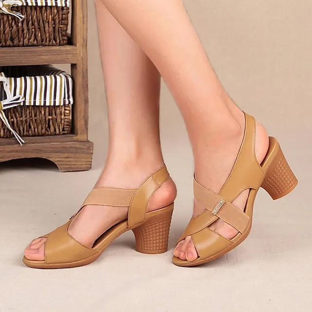 Women's Sandals Block Heel Sandals Ankle Strap Sandals Work Daily Summer Block Heel Low Heel Chunky Heel Peep Toe Vintage Classic Casual PU Leather PU Ankle Strap Solid Color Black Khaki