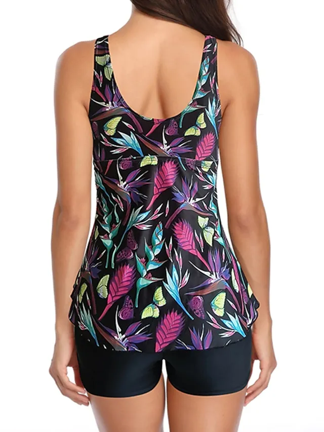 Women's Swimwear Swim Dress 2 Piece Plus Size Swimsuit Open Back Printing Trees / Leaves Tropical Black Pink Blue Purple Green Camisole V Wire Bathing Suits New Vacation Fashion