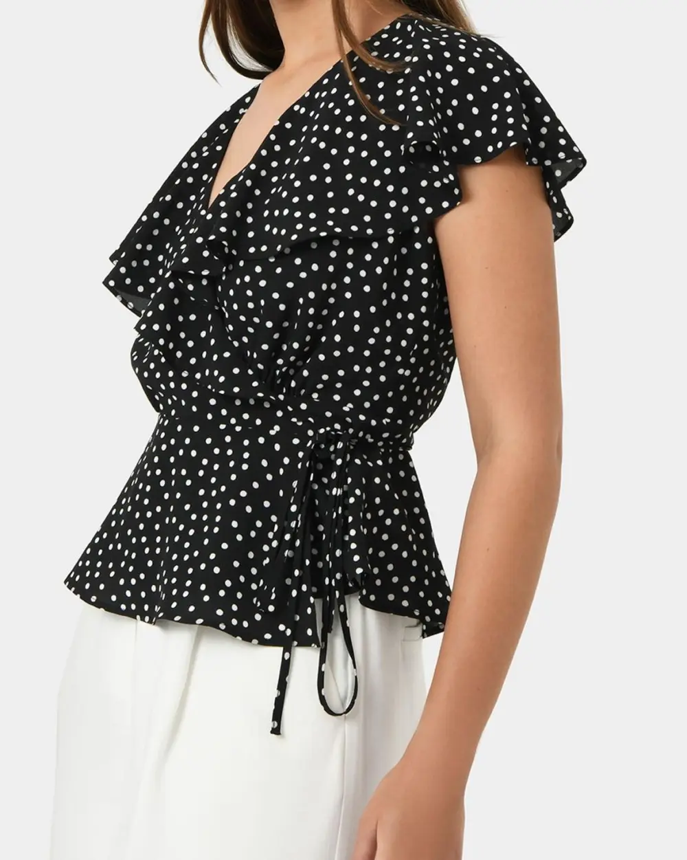 Polka Dot Design Ruffle Wrap Blouse