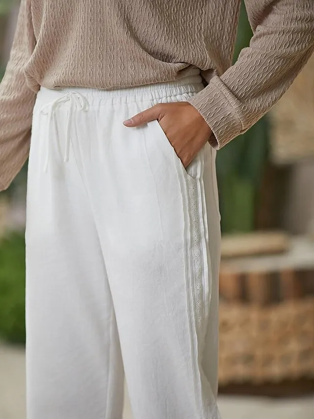 Women's Linen Pants Pants Trousers Baggy Faux Linen Plain Side Pockets Baggy Ankle-Length Fashion Casual Daily Black White S M