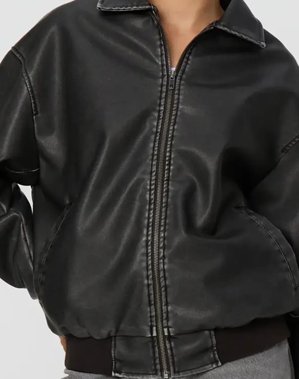 Black Cool Faux Leather Bomber Jacket
