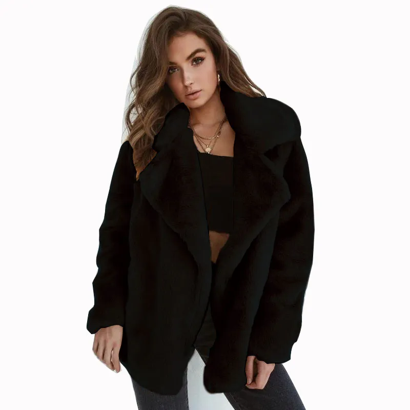 Cozy notched collar oversize fake fur coat