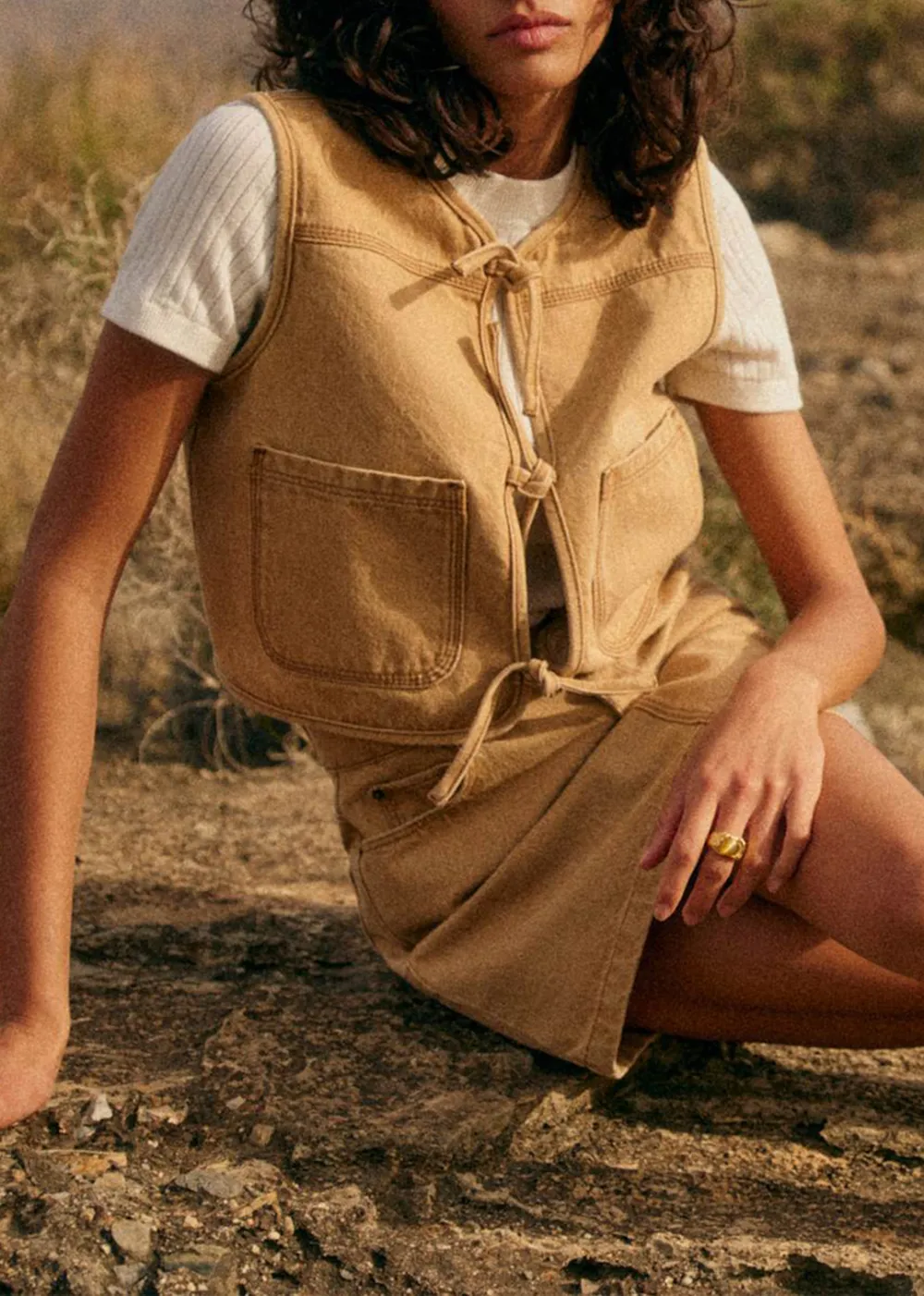 Sleeveless Tie Denim Jacket