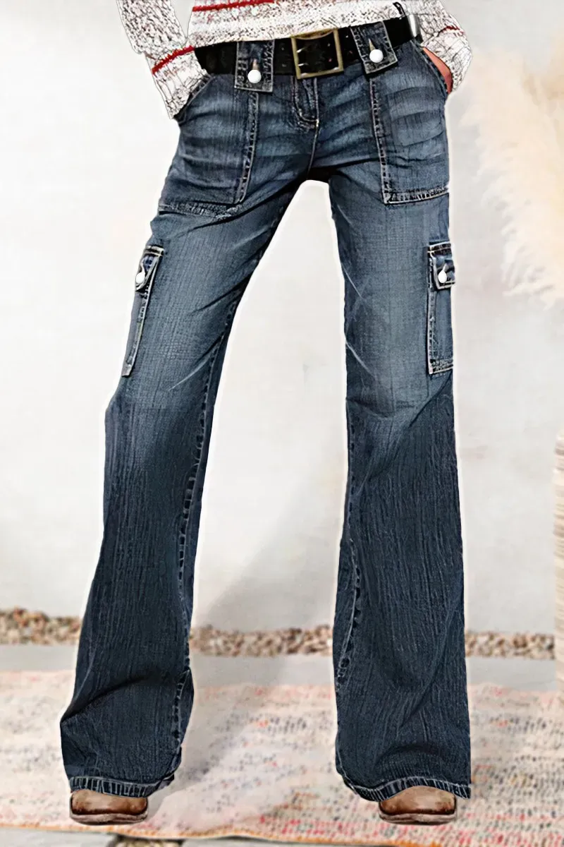 Flap Pocket Low Rise Flare Jeans Without Belt