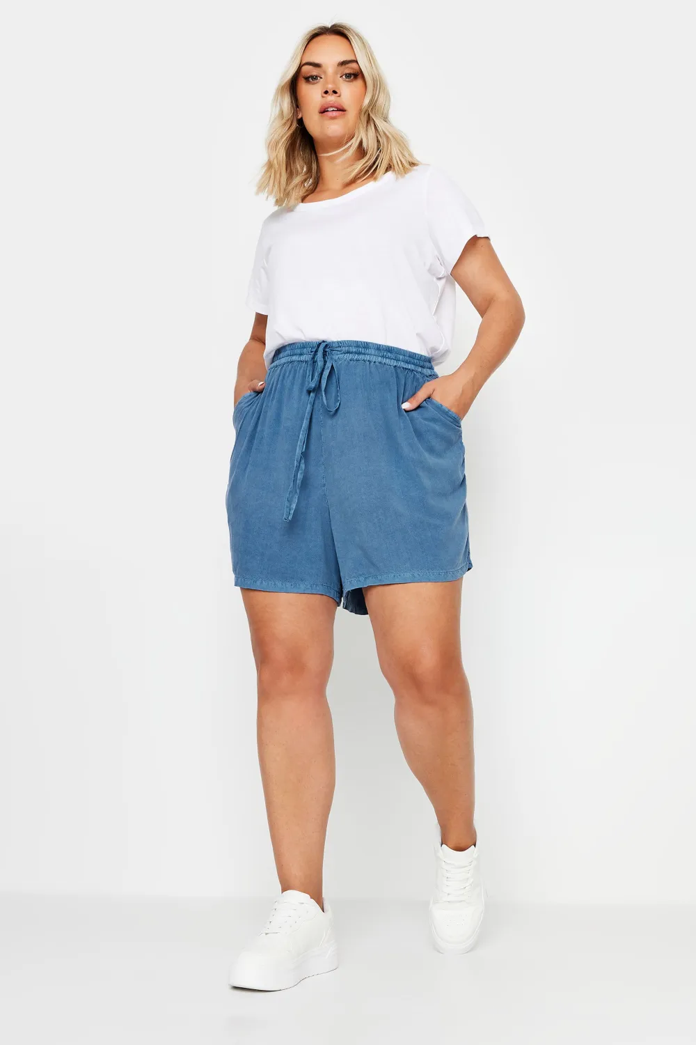 YOURS Curve Blue Acid Wash Chambray Shorts