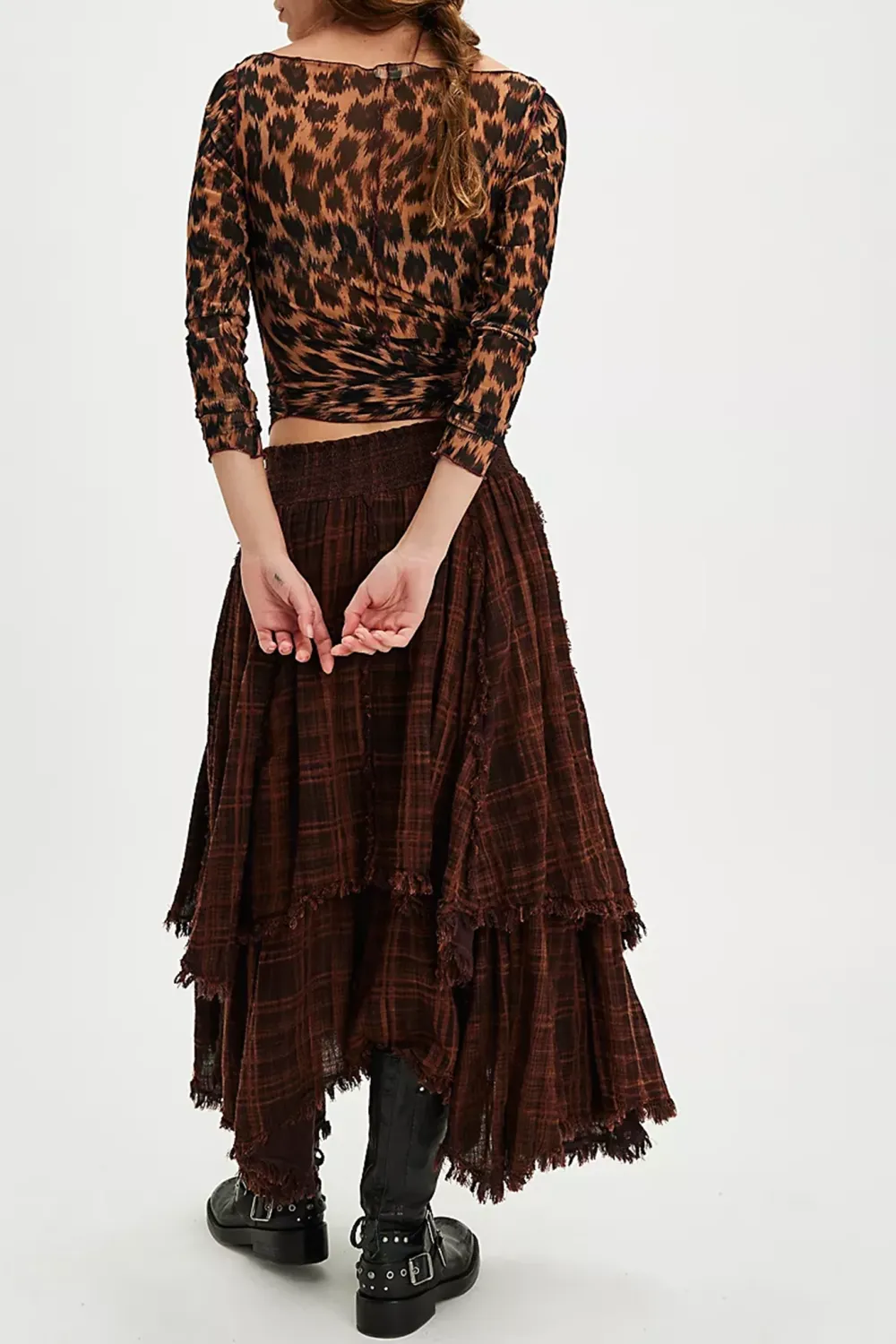 Plaid Patchwork Asymmetric Midi Skirt