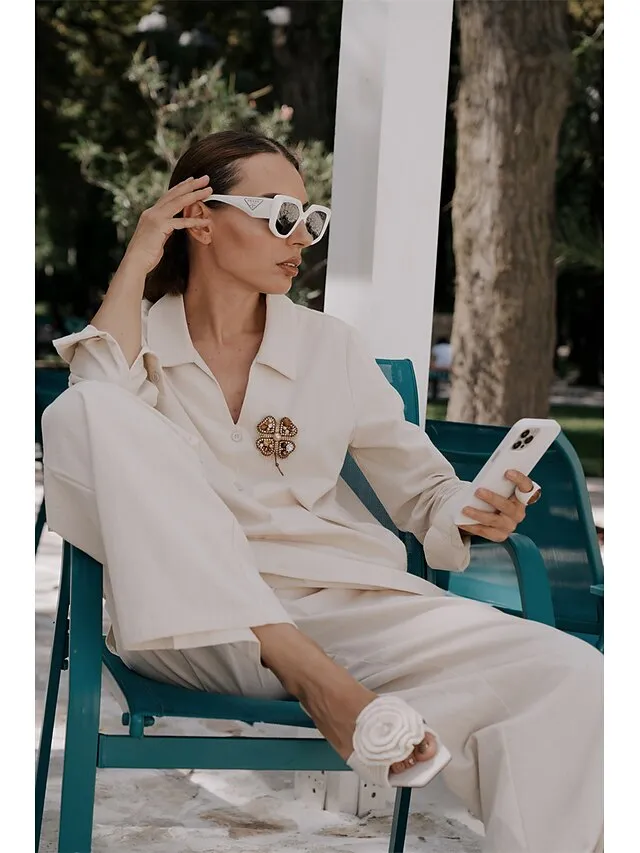 Women's Shirt Pants Sets Black Dark Navy Camel Plain Long Sleeve Casual Daily Vintage Fashion Streetwear V Neck Regular Fit Fall & Winter