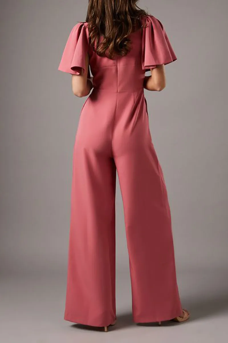Casual Style Flutter Sleeve Plunge Jumpsuit