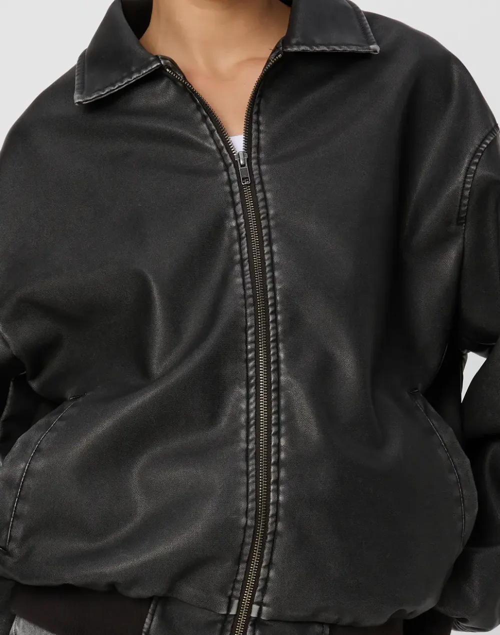 Black Cool Faux Leather Bomber Jacket