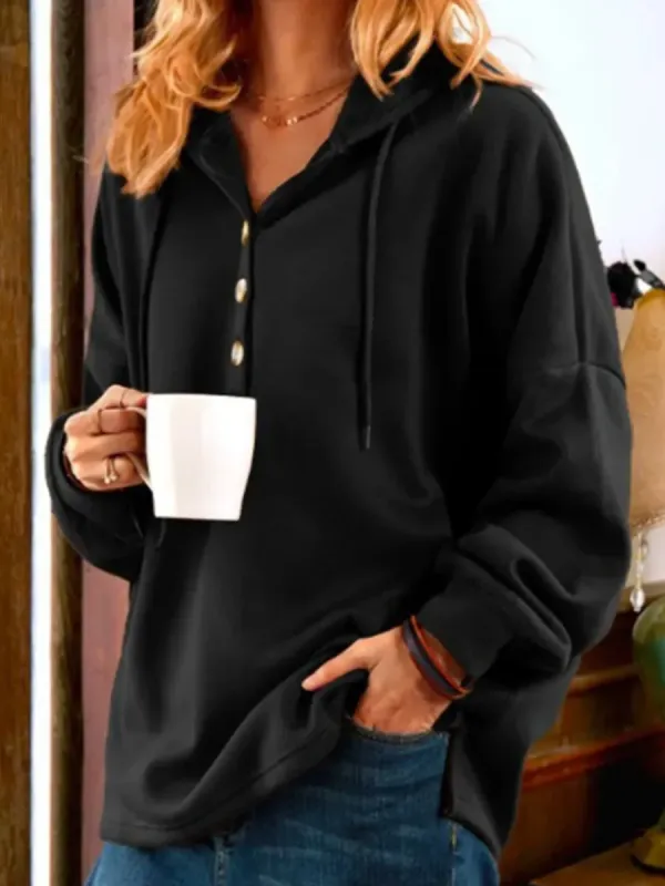 Fashion Plain Casual Button Long Sleeve Hoodie