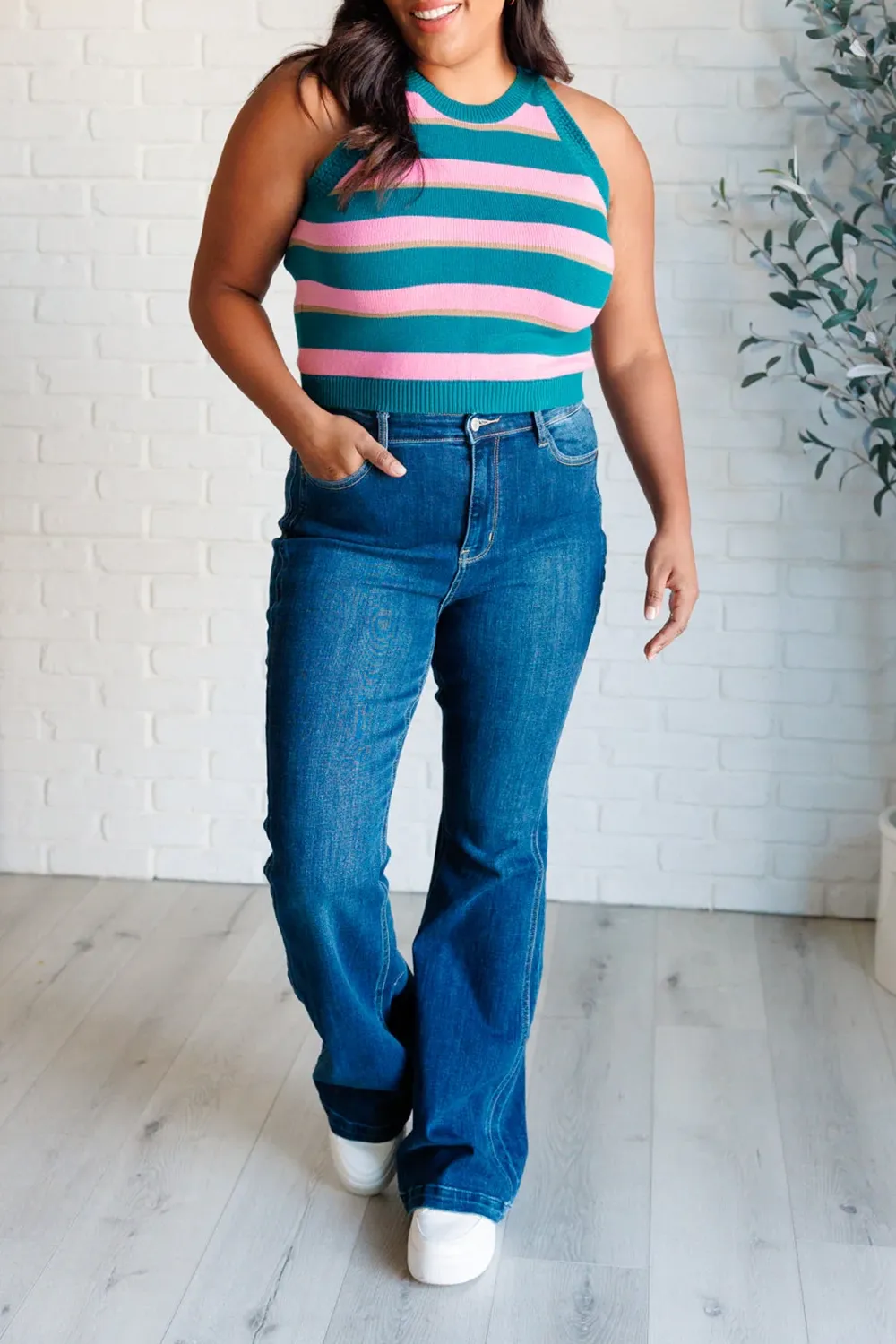 Classic Contrasting Stripes Blue And Pink Stripes Knitted Top