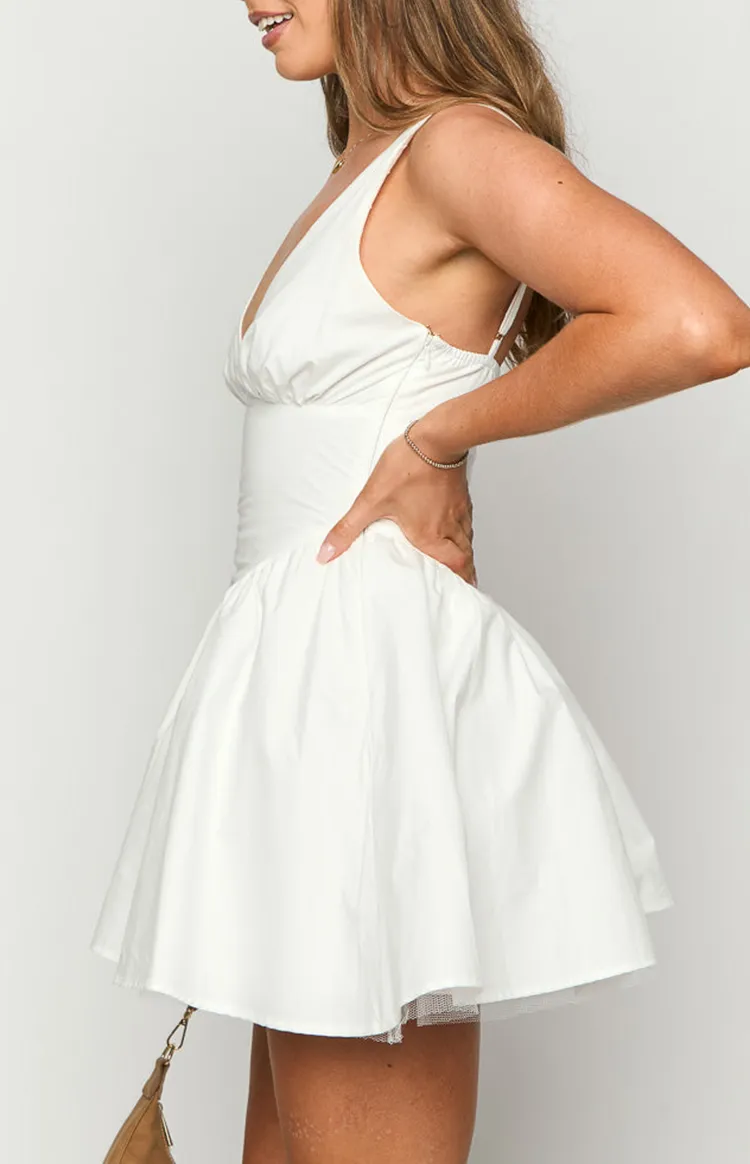 White Deep V-Neck Flared Mini Dress