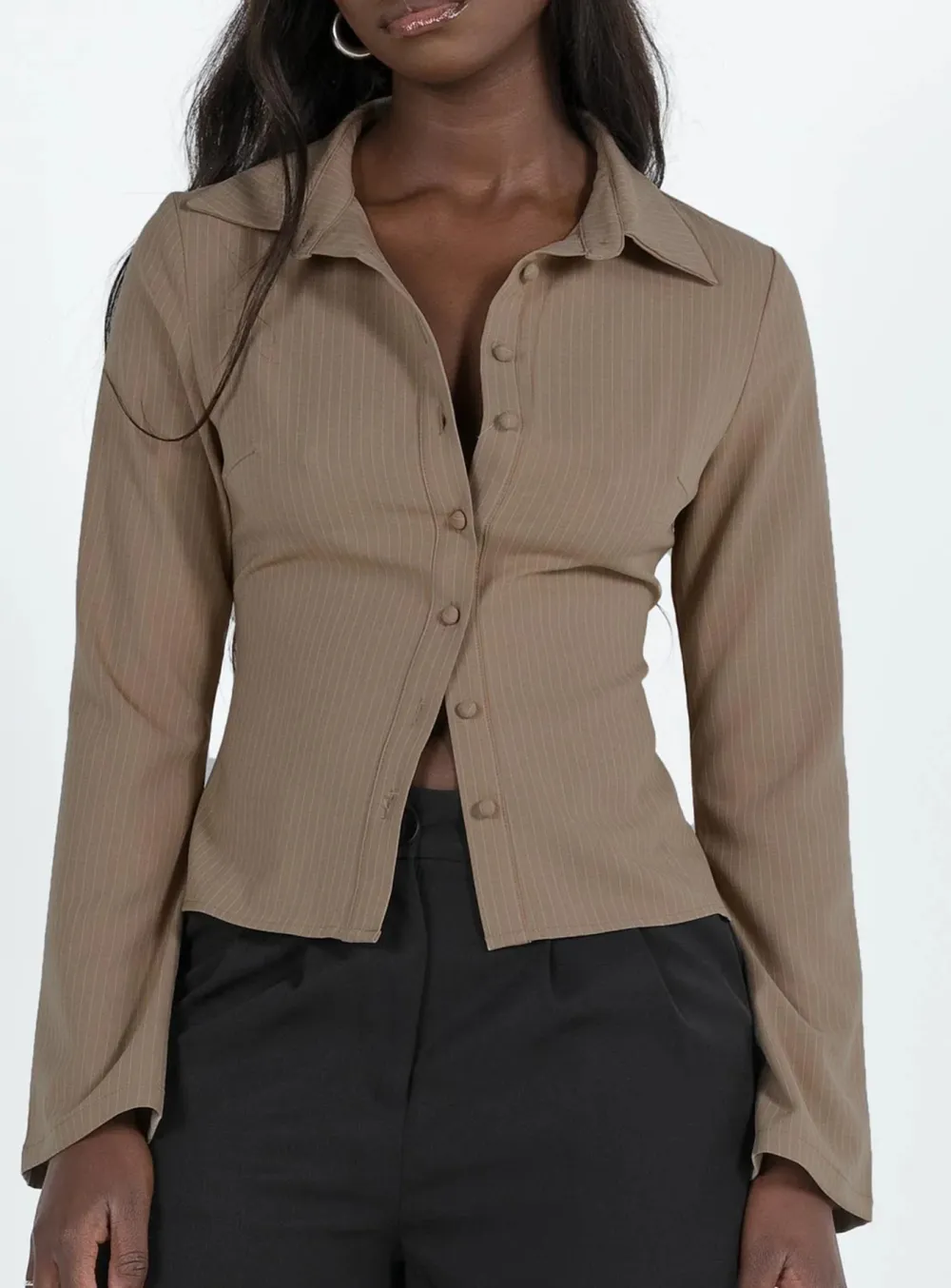 Black Pinstripe Cropped Button Up Shirt