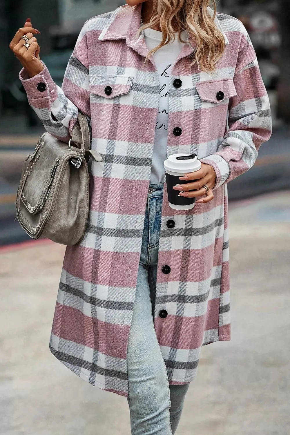 Women's Plaid Shacket 2023 Long Sleeve Button Up Flannel Shirt Winter Tartan Jacket Woolen Coats
