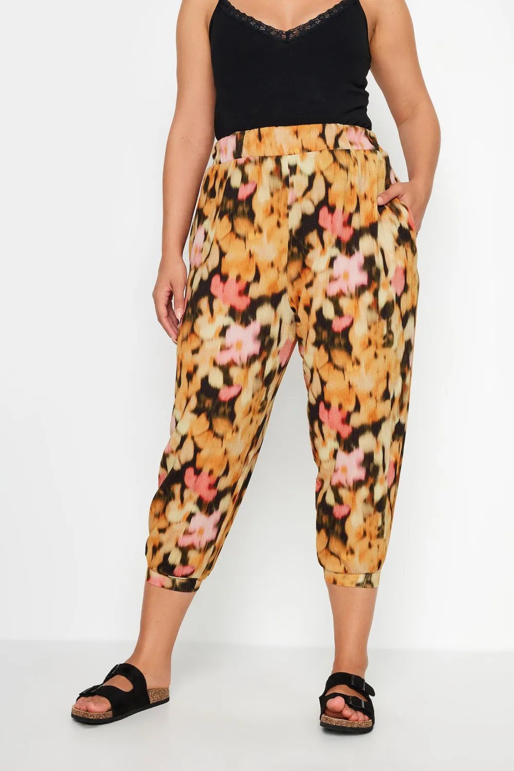YOURS Curve Yellow Ikat Print Textured Cropped Harem Trousers