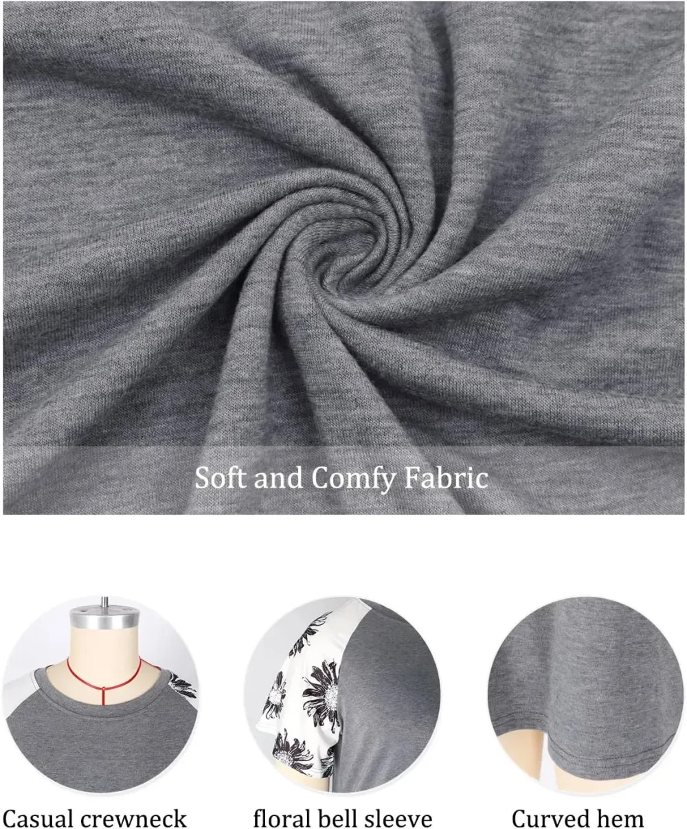 HDLTE Womens Plus Size Tops Floral Bell Sleeves Blouses Summer Crewneck Tunic Loose Casual T Shirts