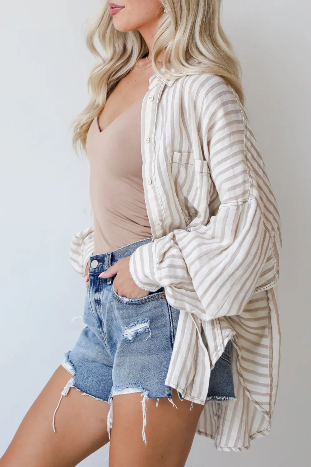 Tailored Poise Natural Striped Button-Up Blouse