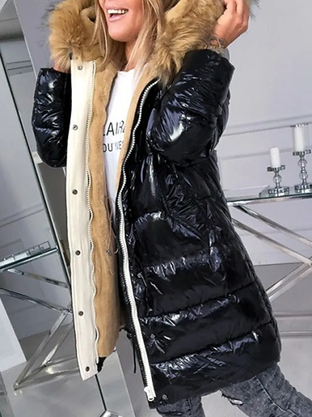 Women's Winter Jacket Parka Warm Breathable Daily Going out Pocket Fur Collar Fleece Lined Zipper Hoodie Active Simple Comfortable Solid Color Regular Fit Outerwear Long Sleeve Winter Fall Silver