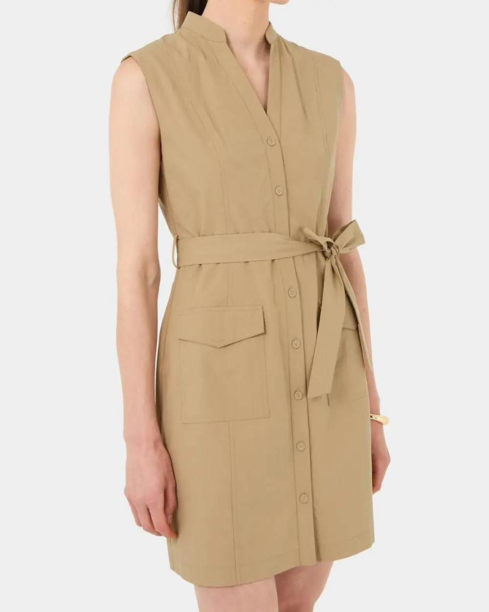 Mandarin Collar Utility Tie Dress - Beige