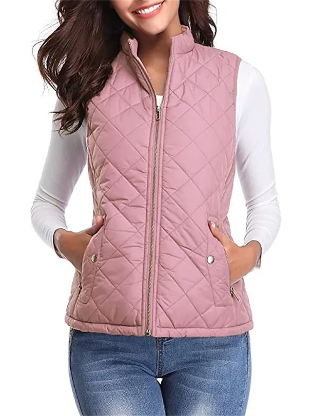 Women's Quilted Vest Crop Sleeveless Winter Coat Lightweight Puffer Gilet Warm Windproof Outerwear with Pockets Zip up Fall Street Casual Jacket Light Blue claret Sea Blue