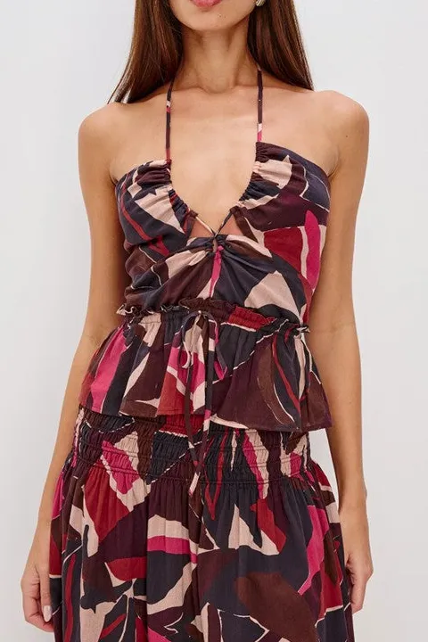 Maroon Floral Halter Ruffle Top