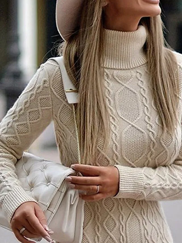 Women‘s Sweater Dress Winter Dress Casual Dress Midi Dress Beige Long Sleeve Pure Color Knit Print Winter Fall Turtleneck Casual Fall Dress 2023 S M L XL XXL