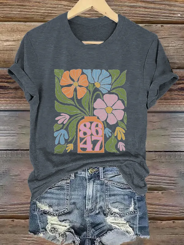 Women'S T-Shirt Retro Flowers 86 47 Print T-Shirt Round Neck Pure Cotton Short Sleeves