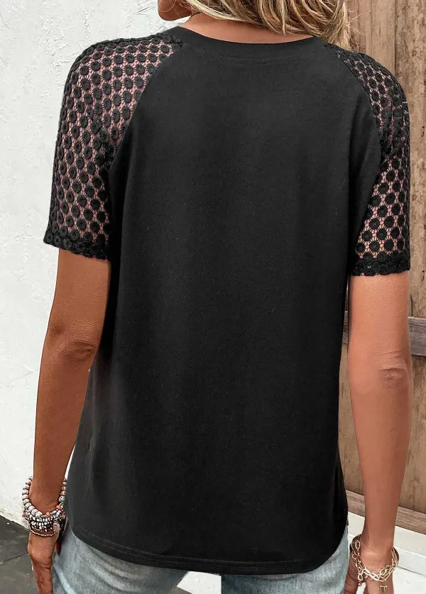 Black Lace Short Sleeve Round Neck T Shirt