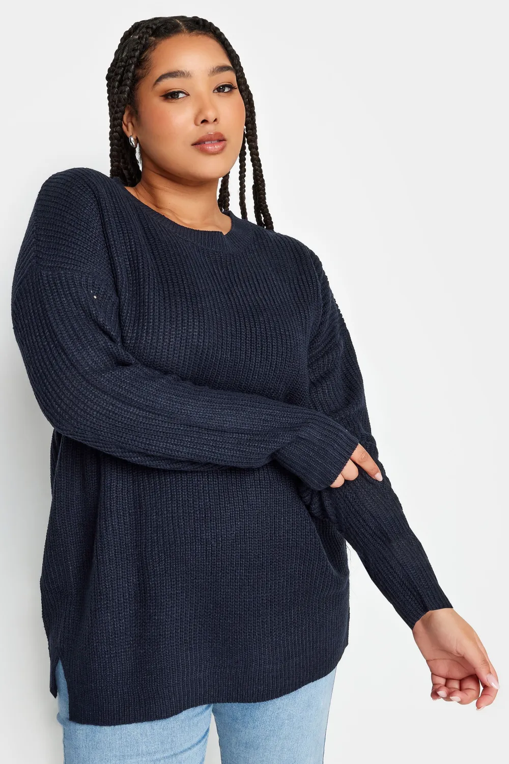 YOURS Curve Navy Blue Drop Shoulder Knitted Jumper