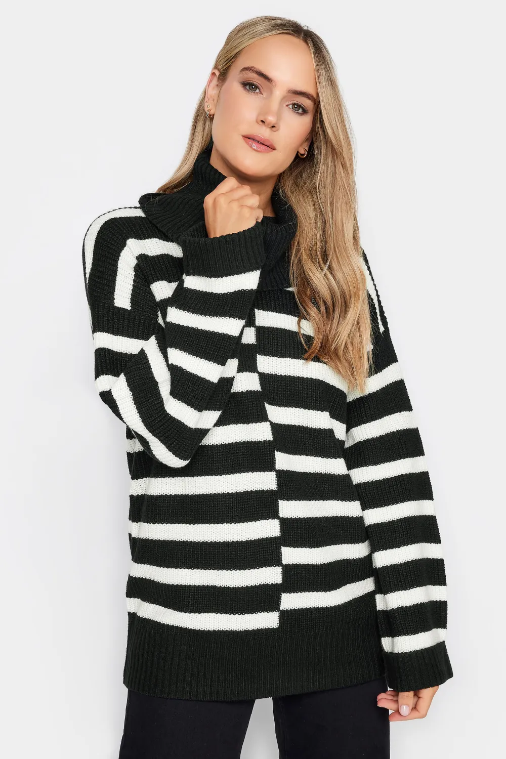 LTS Tall Black Stripe Print Roll Neck Jumper