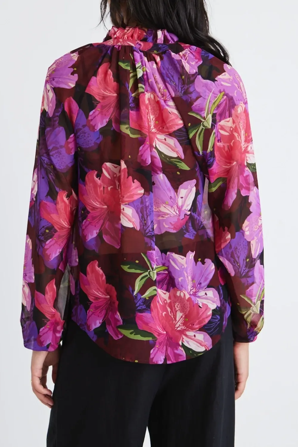Purple Orchids Georgette Long - Sleeve Blouse