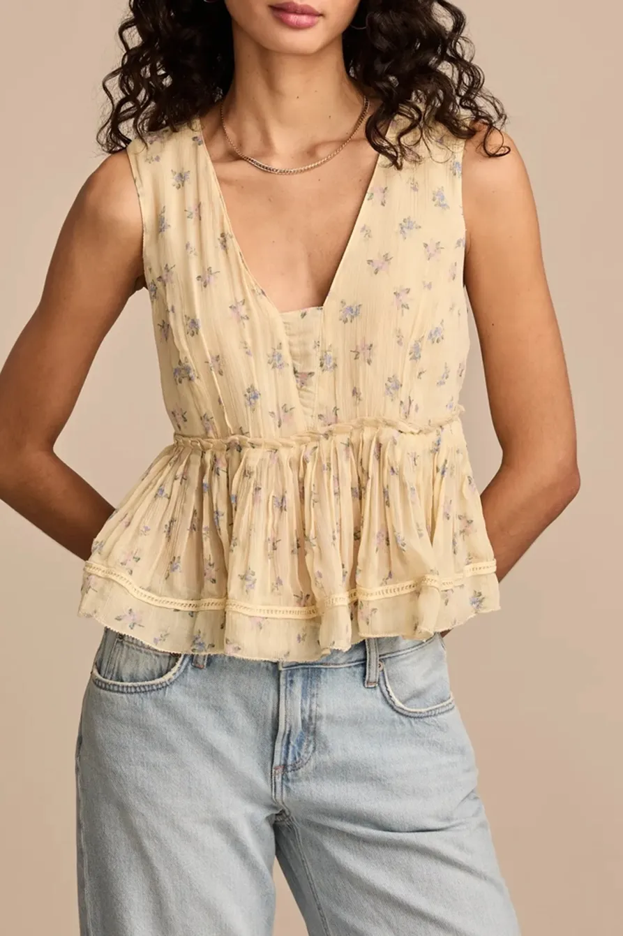 Cream Floral Printed Ruched Ruffle V Neck