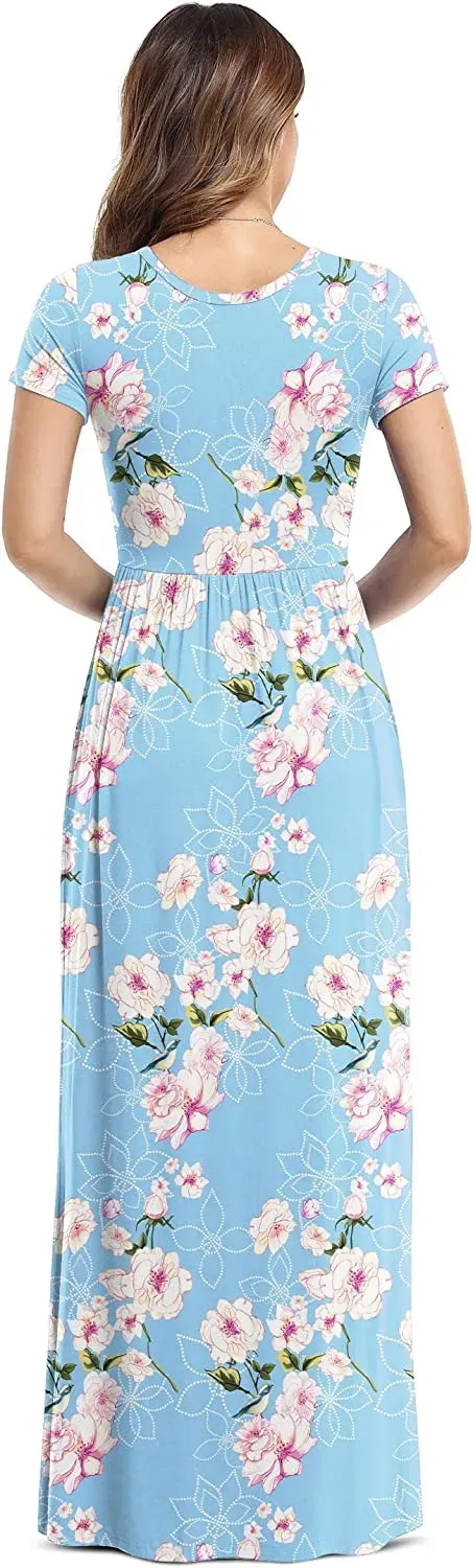 Women's Short Sleeve Loose Plain Maxi Dresses Casual Long Dresses with Pockets