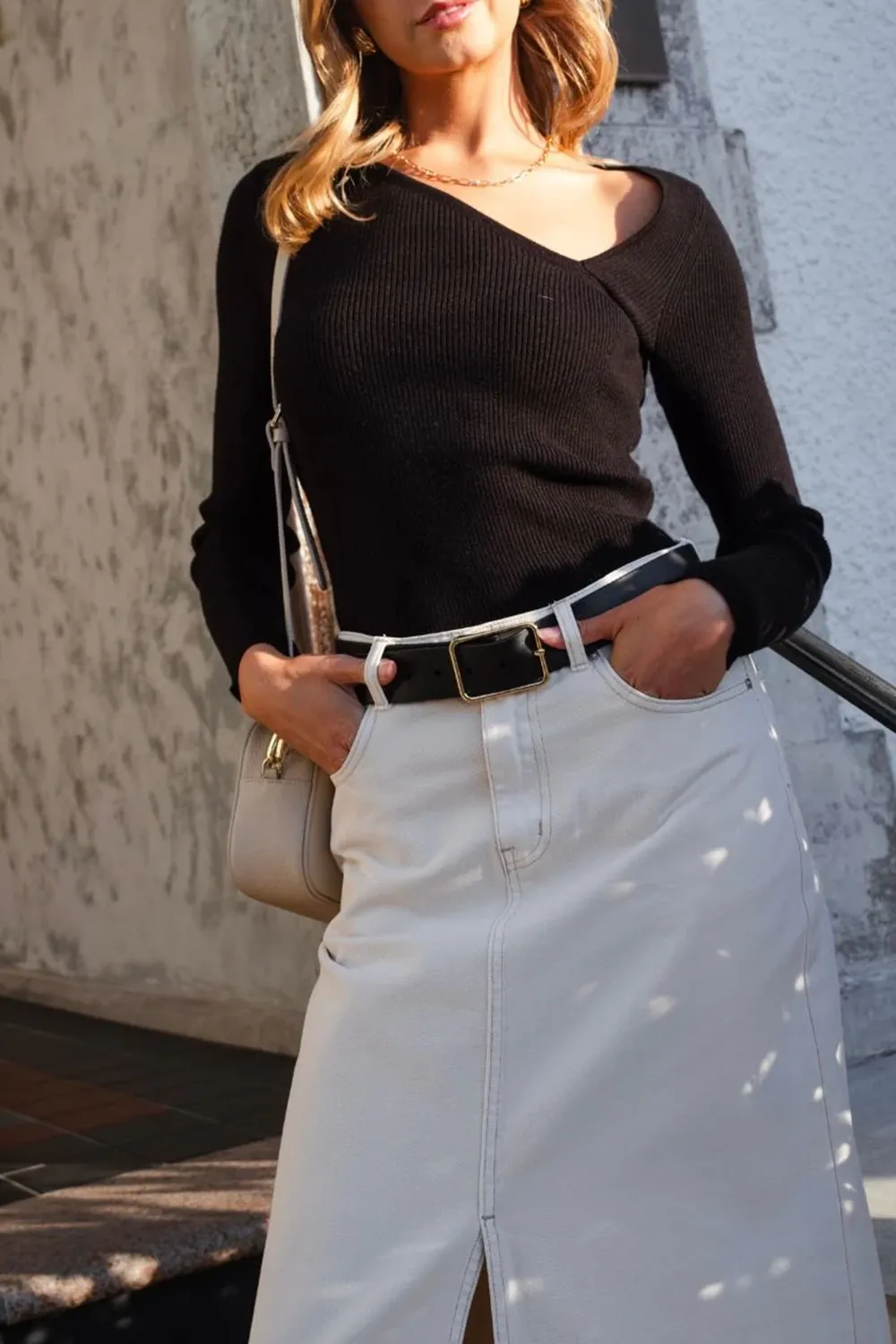 Black Slash Neck Long - Sleeve Rib Top