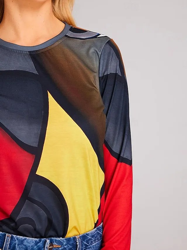 Women's Plus Size T shirt Tee Graphic Geometric Casual Holiday Red Blue Gray Print Long Sleeve Vintage Ethnic Round Neck Fall & Winter
