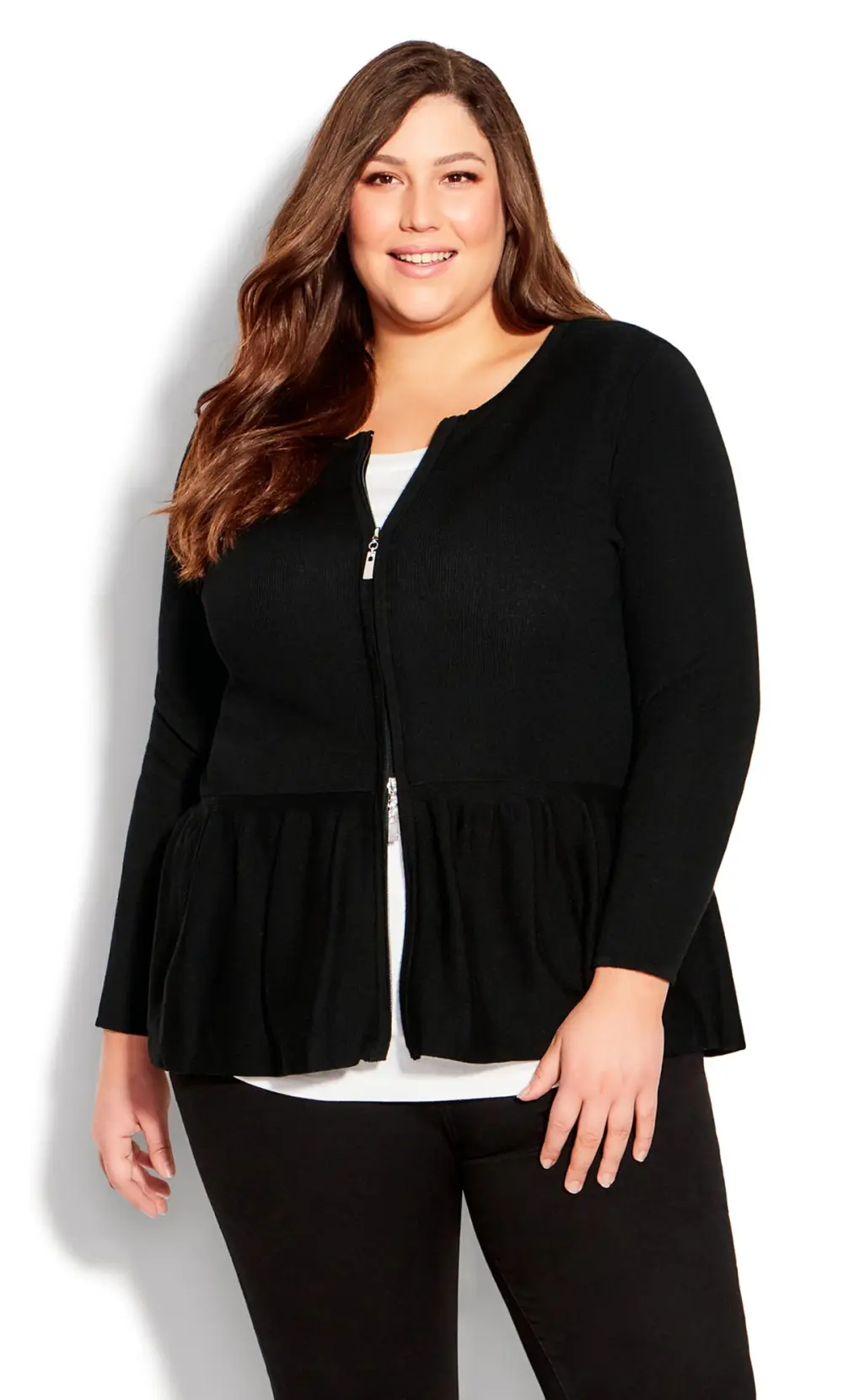 Evans Black Zip Front Frill Cardigan