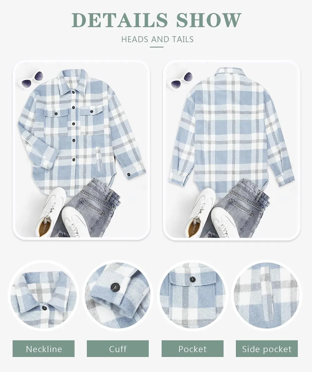 Women's Flannel Plaid Shacket Long Sleeve Button Down Chest Pocketed Shirts Jacket Coats