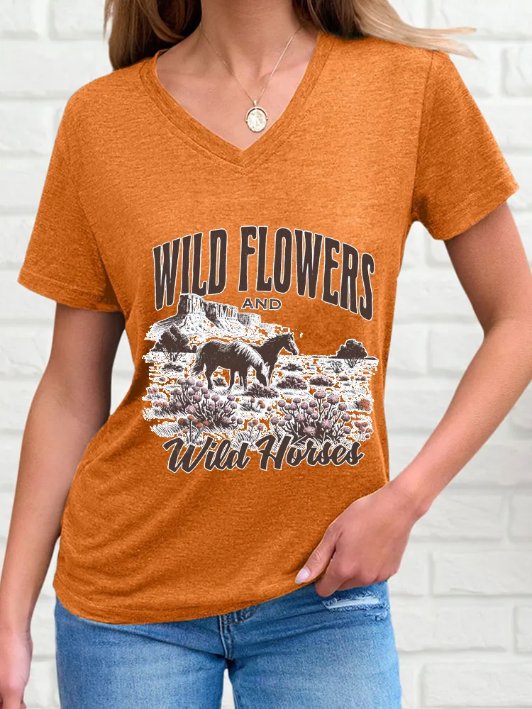 Woman's Wild Flowers And Wild Horses V-Neck And Short Sleeves T-Shirt