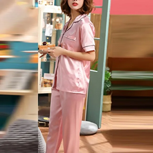 Women's Pajamas Pjs Sets 2 Pieces Pure Color Fashion Simple Comfort Home Xmas Christmas Daily Satin Lapel Short Sleeve Shirt Pant Elastic Waist Summer Spring Silver Black