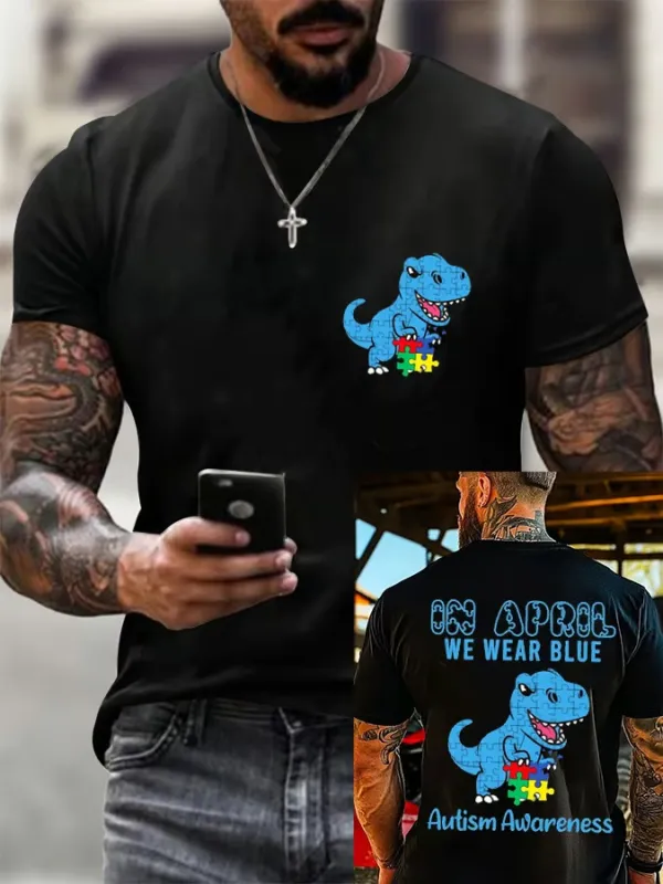 Men'S T-Shirt Men'S Retro Fun Dinosaur Jigsaw Puzzle Autism Awareness Printed Round Neck T-Shirt