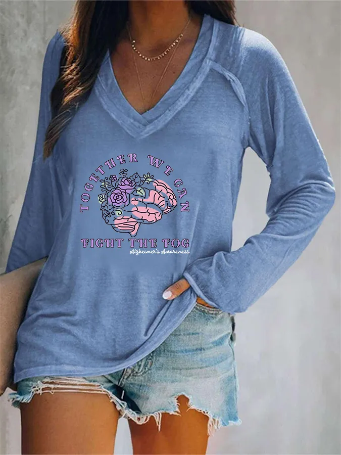 Women'S Together We Gan Fight The Fog Alzheimer'S Awareness V-Neck T-Shirt