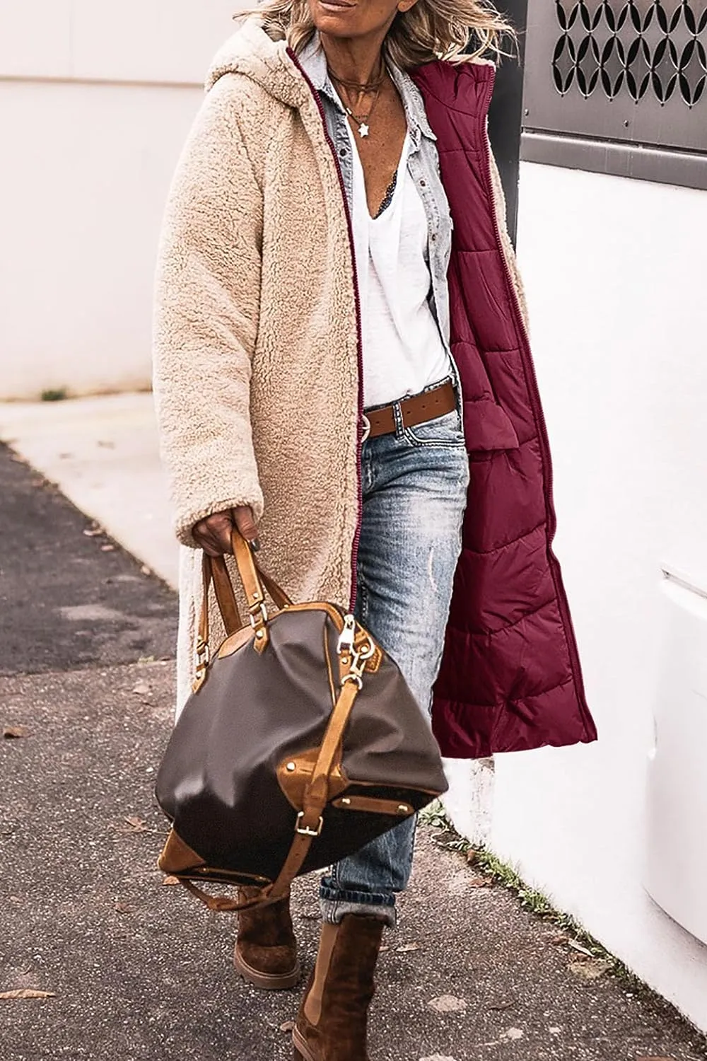 Women's 2023 Warm Winter Coats Reversible Sherpa Fleece Long Hooded Puffer Jackets Outerwear